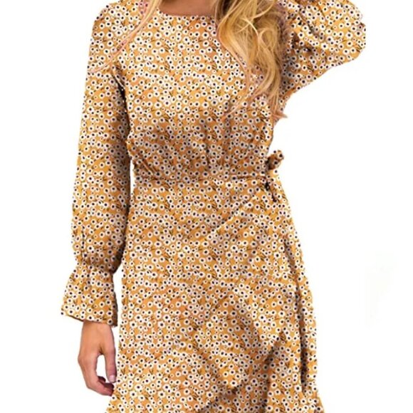 Boutique Mustard Yellow and White Floral Print Long Sleeve Faux Wrap Mini Dress - Picture 16 of 16